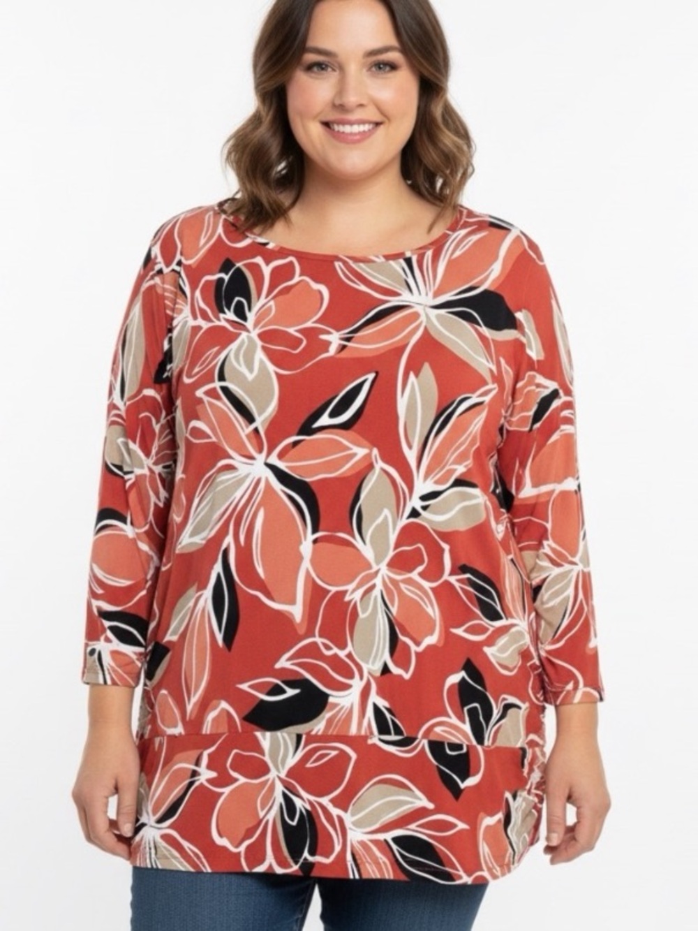 JM Collection NWOT Floral Stretchy Long Sleeve Top Black & Cream Accents